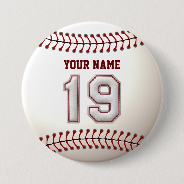 Baseball Stitches Player Number 19 and Custom Name Pinback Button (Front)