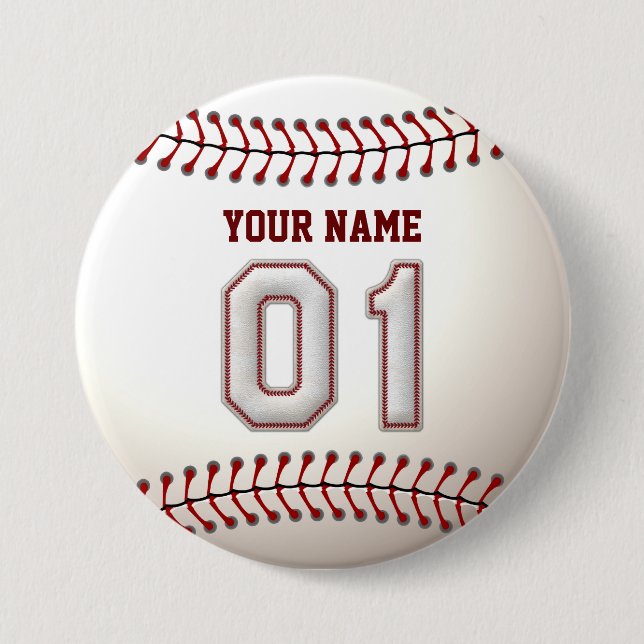 Baseball Stitches Player Number 1 and Custom Name Button (Front)