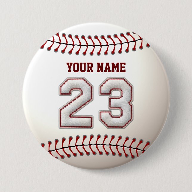 Baseball Stitches Player Number 23 and Custom Name Button (Front)