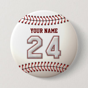 Baseball Stitches Player Number 24 and Custom Name Button