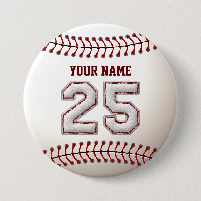 Baseball Stitches Player Number 25 and Custom Name Button (Front)