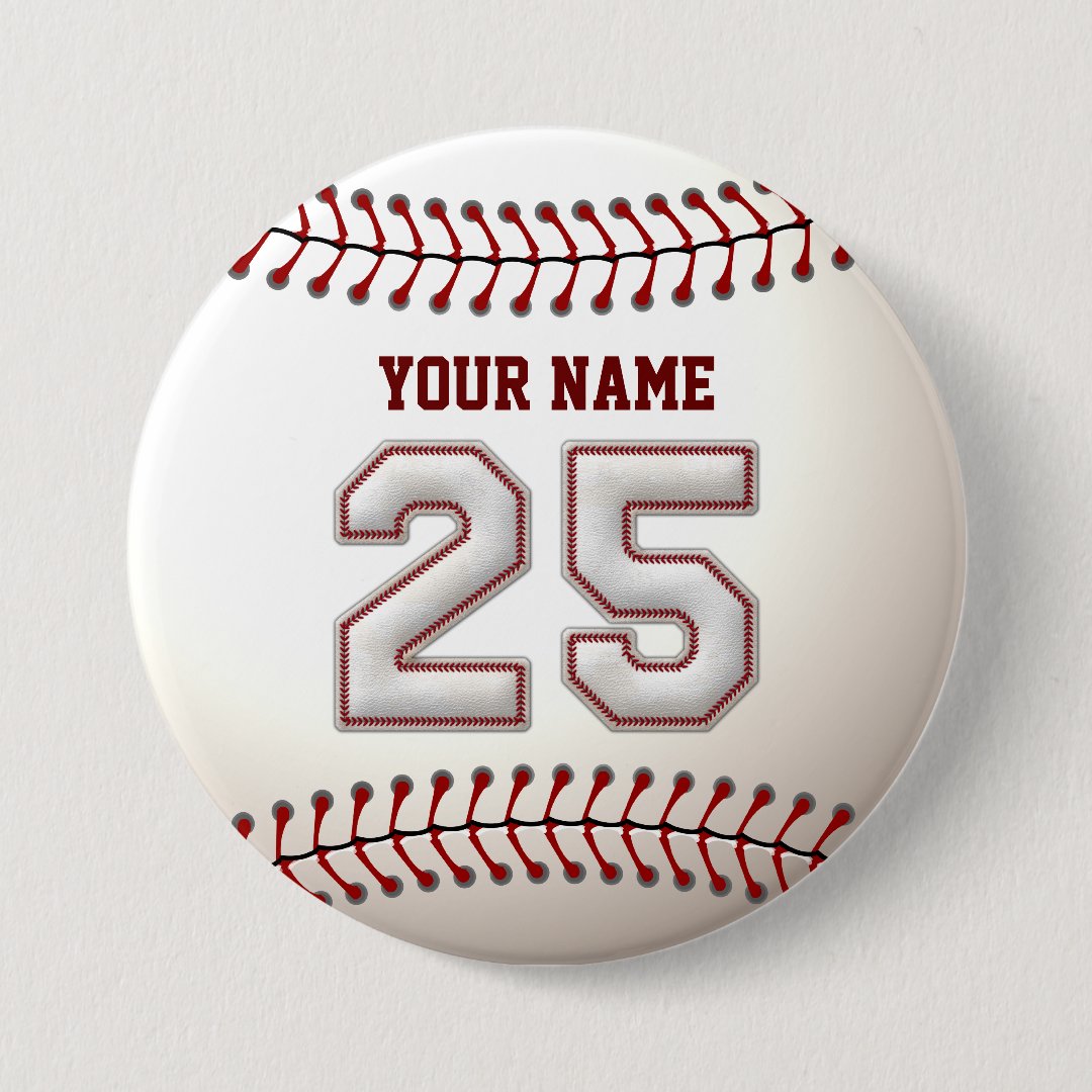 Baseball Stitches Player Number 25 and Custom Name Button | Zazzle