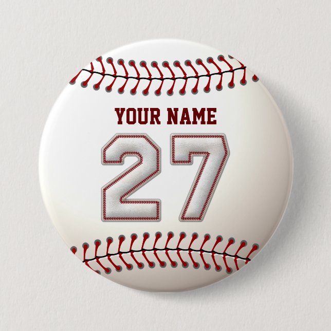 Baseball Stitches Player Number 27 and Custom Name Button (Front)