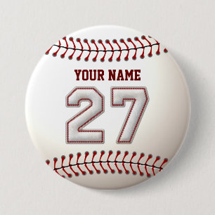 Baseball Stitches Player Number 27 and Custom Name Button