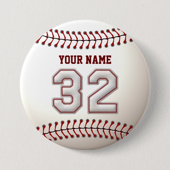 Baseball Stitches Player Number 32 and Custom Name Pinback Button (Front)