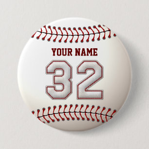 Baseball Stitches Player Number 32 and Custom Name Pinback Button