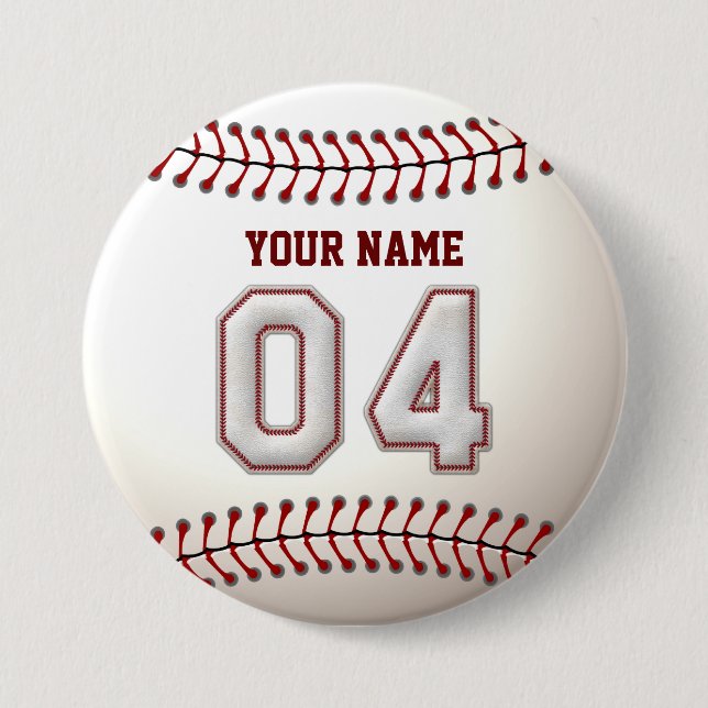 Baseball Stitches Player Number 4 and Custom Name Pinback Button (Front)