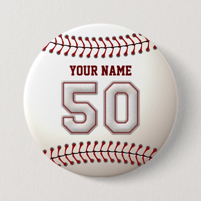 Baseball Stitches Player Number 50 and Custom Name Pinback Button (Front)