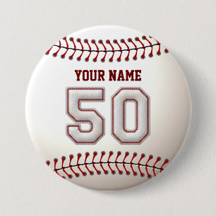 Baseball Stitches Player Number 50 and Custom Name Pinback Button