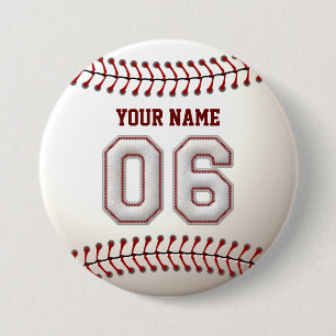 Baseball Stitches Player Number 6 and Custom Name Pinback Button