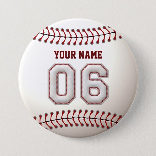 Baseball Stitches Player Number 6 and Custom Name Pinback Button