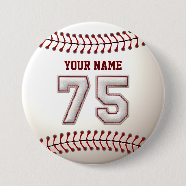 Baseball Stitches Player Number 75 and Custom Name Pinback Button (Front)