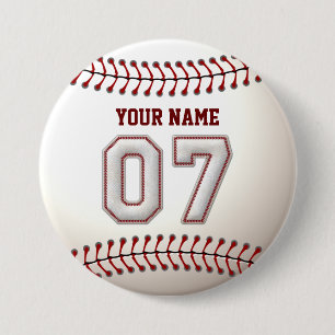 Baseball Stitches Player Number 7 and Custom Name Pinback Button