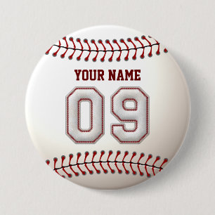 Baseball Stitches Player Number 9 and Custom Name Pinback Button