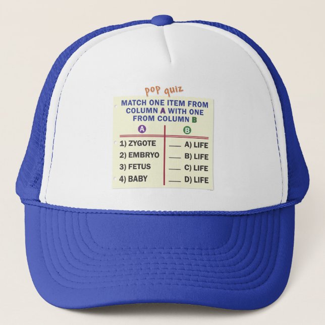 Baseball-style hat with a quiz. (Front)