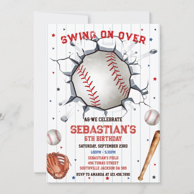 Baseball Swing On Over Boy Birthday Invitation (Front)
