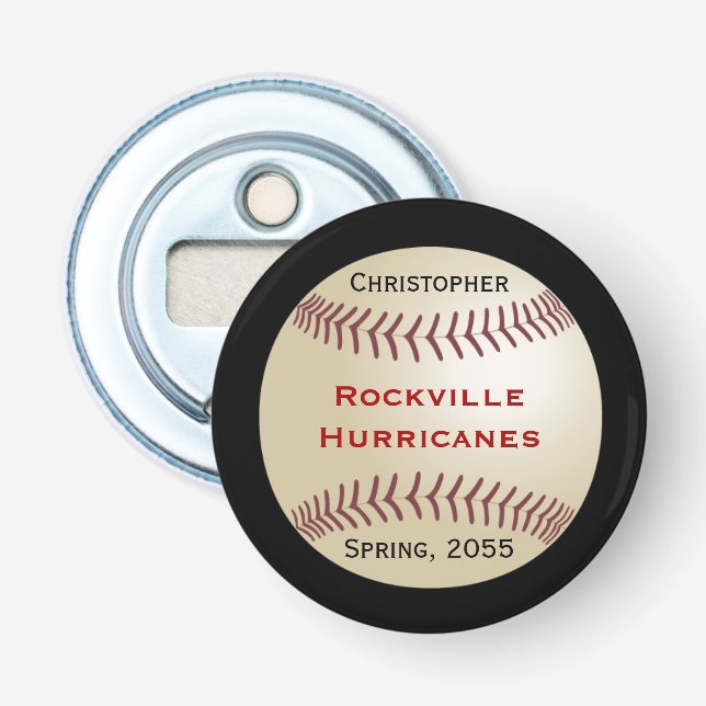 Baseball Team, Blue, Name, magnetic button Bottle Opener (Front)