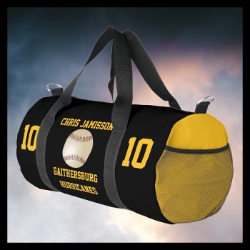Baseball Team  Coach Player Black Gold Personalize Duffle Bag by SocolikCardShop at Zazzle