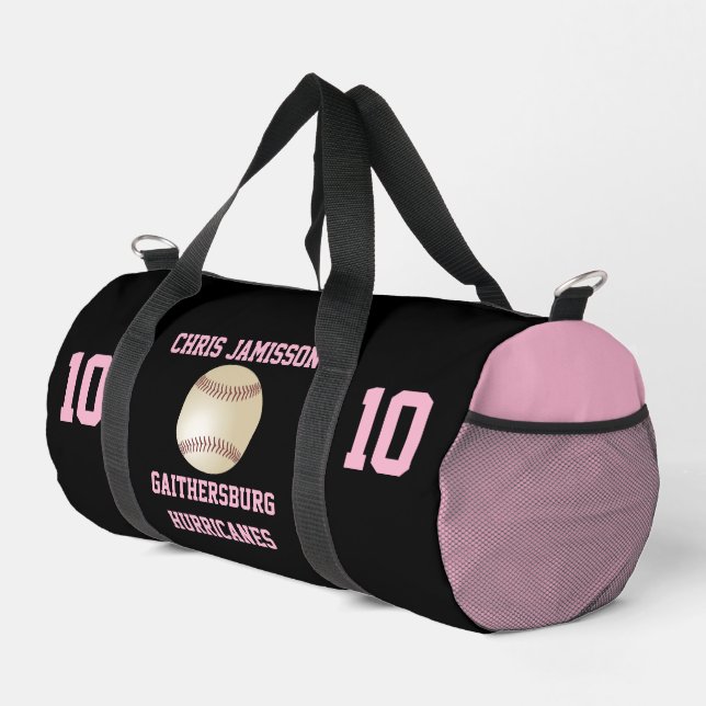 Baseball Team Coach Player Black Pink Personalize Duffle Bag (Right Corner)
