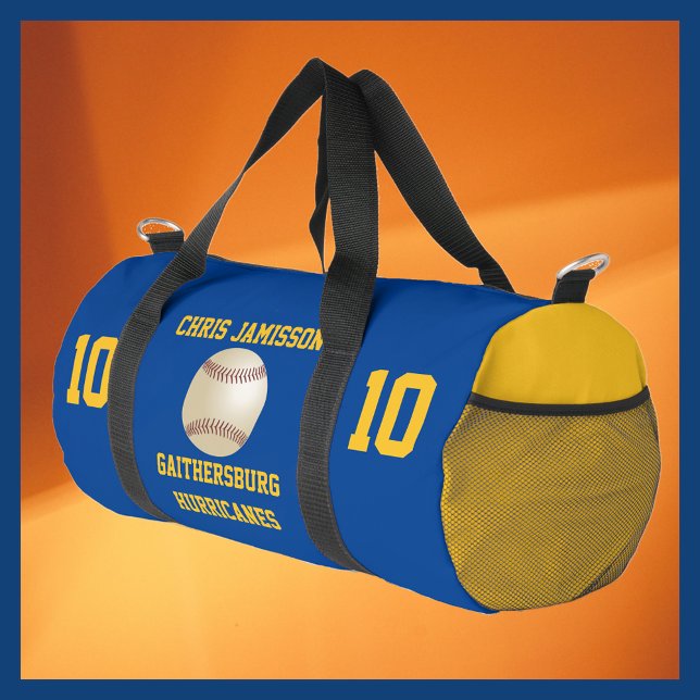 Baseball Team, Coach, Player Blue Gold Personalize Duffle Bag (Creator Uploaded)
