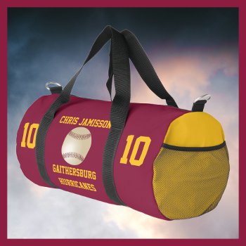 Baseball Team Coach Player Maroon Gold Personalize Duffle Bag by SocolikCardShop at Zazzle