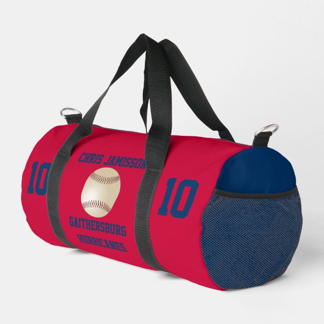 Baseball Team, Coach, Player Red Blue Personalized Duffle Bag (Right Corner)