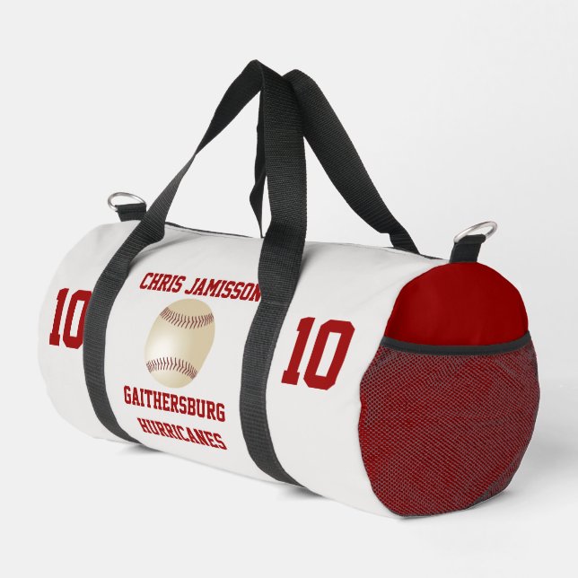 Baseball Team, Coach Player White Red Personalized Duffle Bag (Right Corner)