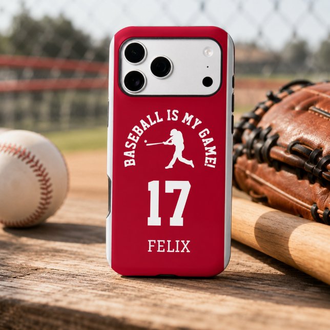 Baseball Team Jersey Number Style Case-Mate iPhone Case (Baseball jersey phone case with player number and name on a baseball field scene)