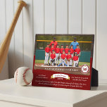 Baseball Team Photo Roster Player Number & Name Plaque<br><div class="desc">Celebrate your season with this personalized baseball player and their baseball team photo plaque, designed with a bold half-tone navy background and faux woodgrain texture for a classic sports look. Showcase your team photo above a woodgrain baseball bat graphic personalized with your team name, and highlight the callout player’s jersey...</div>