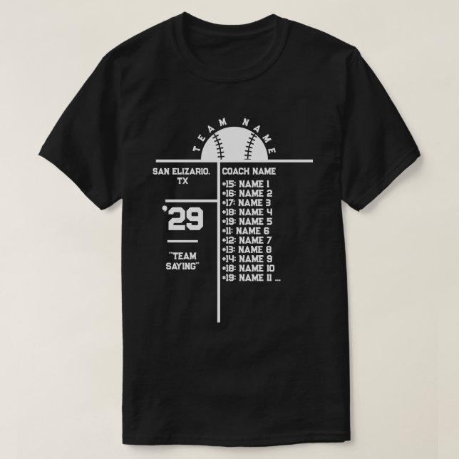 Baseball Team Roster Custom Player Names & Coach T-Shirt (Design Front)