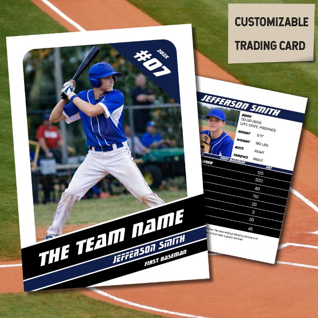 Baseball Team Trading Card Gift Blue White (Baseball Player Trading Card in White with Custom Team Name and White Blue Elements)