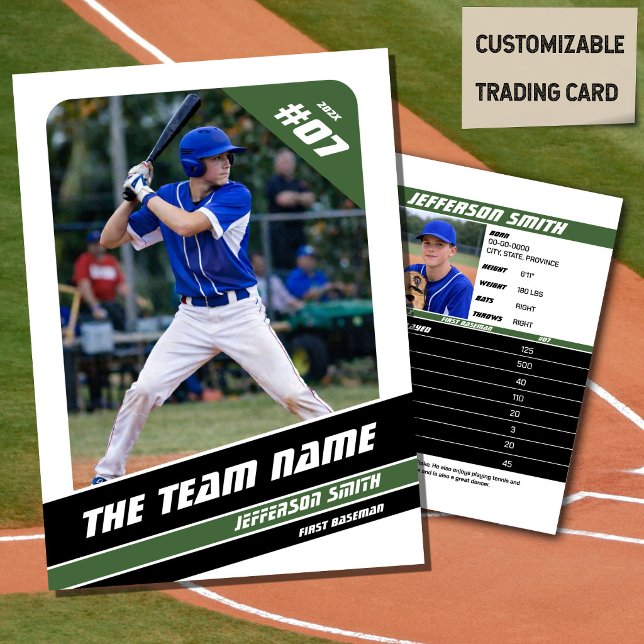 Baseball Team Trading Card Gift Green White (Baseball Player Trading Card in White with Custom Team Name and Green and Black Elements)