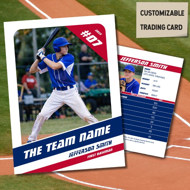 Baseball Team Trading Card Red Blue (Baseball Player Trading Card in White with Custom Team Name and Red White Blue Elements)