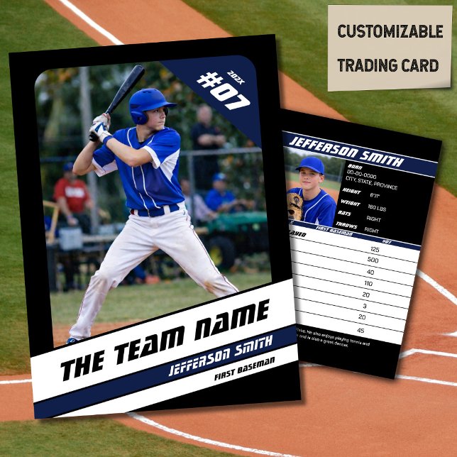 Baseball Team Trading Card Sport Gift Blue (Baseball Player Trading Card in Black with Custom Team Name and White Blue Elements)