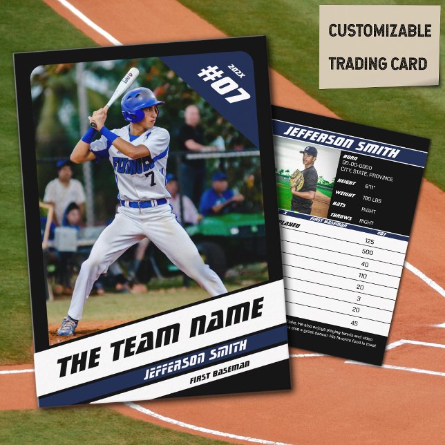Baseball Team Trading Card Sport Gift Blue (Baseball Player Trading Card in Black with Custom Team Name and White Blue Elements)