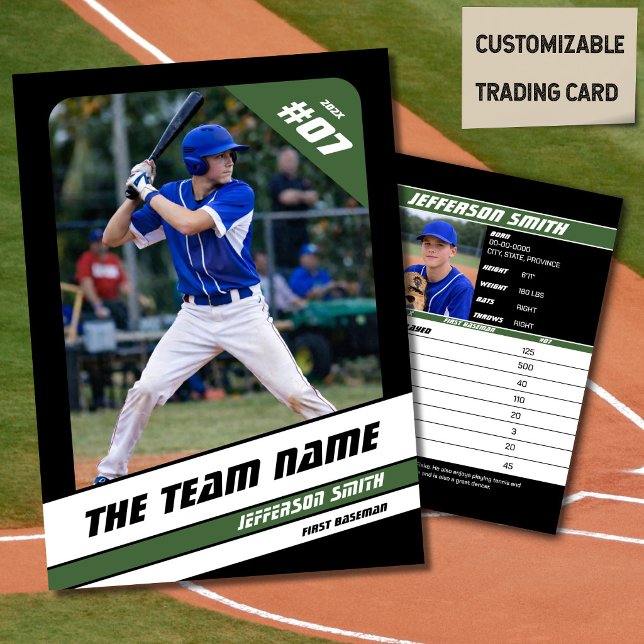 Baseball Team Trading Card Sport Gift Green (Baseball Player Trading Card in Black with Custom Team Name and White Green Elements)