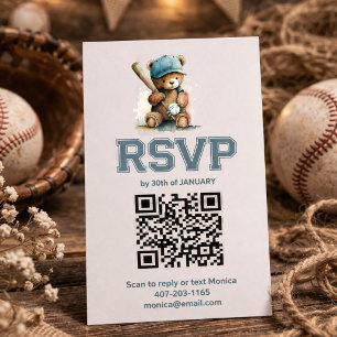 Baseball Teddy Bear Baby Shower QR Code RSVP Enclosure Card