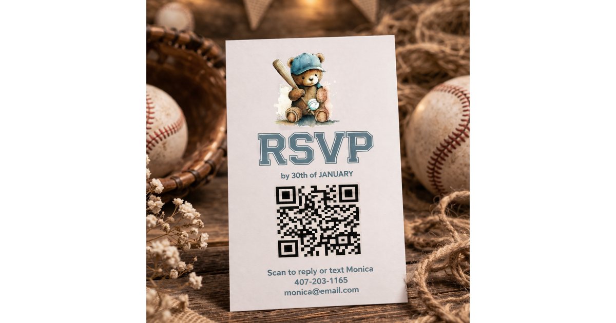 Qr Code Bear Baseball Teddy Bear Baby Shower QR Code RSVP Enclosure Card | Zazzle