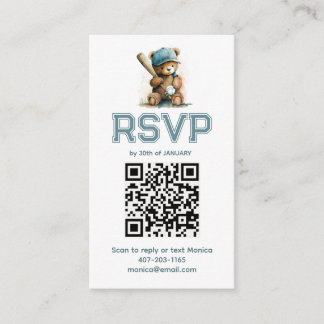 Baseball Teddy Bear Baby Shower QR Code RSVP  Enclosure Card