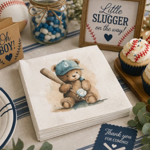 Baseball Teddy Bear Monogram Hat Bat Ball Baby Boy Napkins