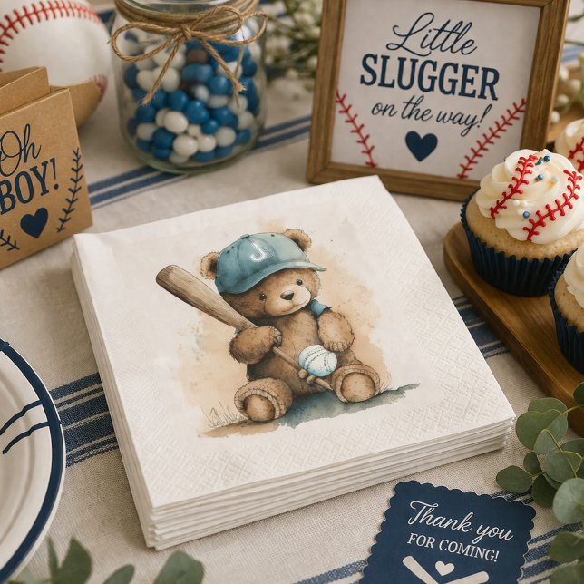 Baseball Teddy Bear Monogram Hat Bat Ball Baby Boy Napkins (Creator Uploaded)