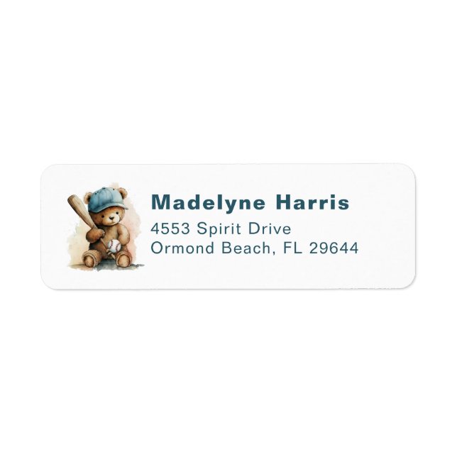 Baseball Teddy Bear Personalized Boy Baby Shower Label (Front)