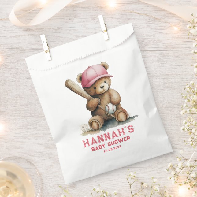 Baseball Teddy Bear Personalized Girl Baby Shower Favor Bag (Clipped)