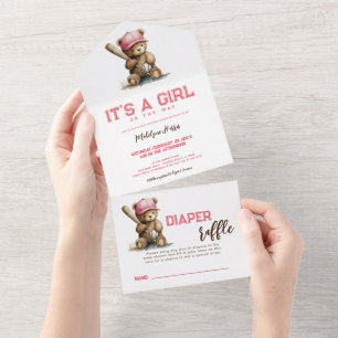 Baseball Teddy Bear QR RSVP Diaper raffle All In One Invitation