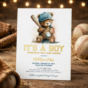 Baseball  Teddy Bear Watercolor Boy Baby Shower  Foil Invitation