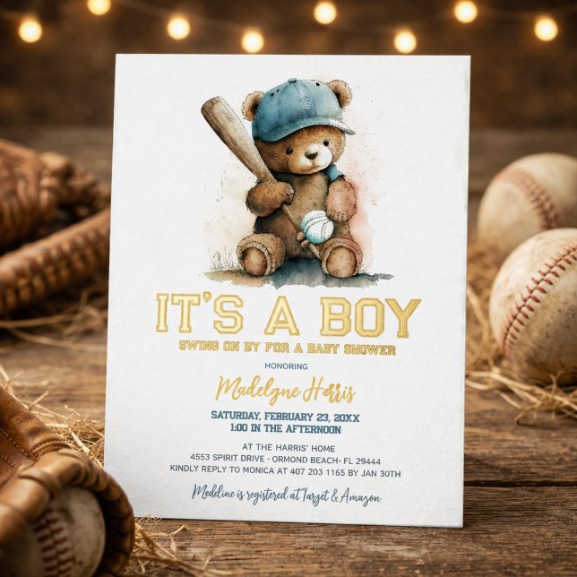 Baseball  Teddy Bear Watercolor Boy Baby Shower  Foil Invitation (Creator Uploaded)
