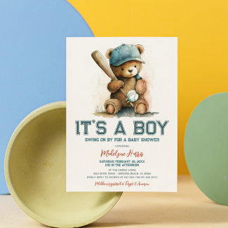 Baseball  Teddy Bear Watercolor Boy Baby Shower 