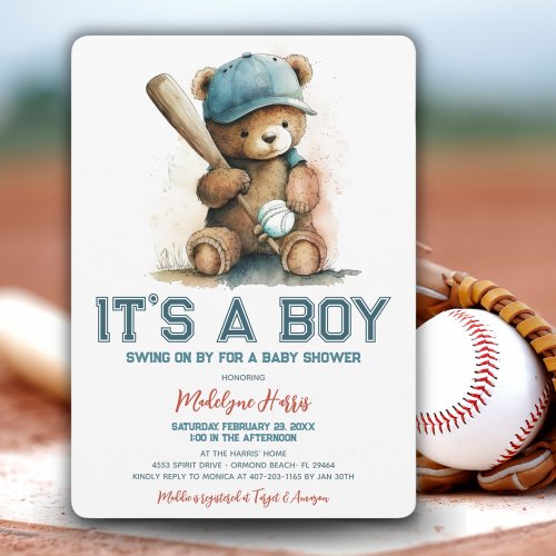 Baseball  Teddy Bear Watercolor Boy Baby Shower  Invitation