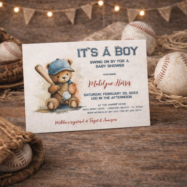 Baseball  Teddy Bear Watercolor Boy Baby Shower  Invitation Postcard (Creator Uploaded)