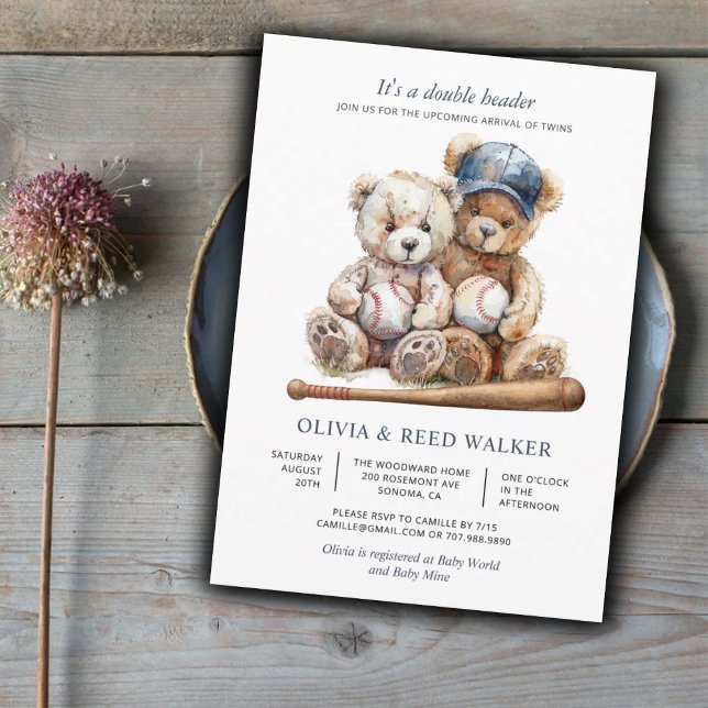 Baseball Teddy Bears Twins Baby Shower Invitation (Creator Uploaded)